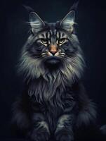 retrato de un de pelo largo Maine mapache gato en oscuro antecedentes. generativo ai foto