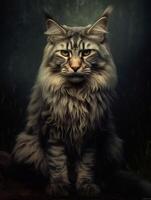 Portrait of a long-haired Maine Coon cat on dark background. photo