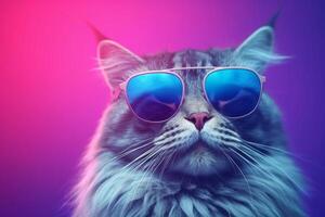 retrato de un hermosa Maine mapache gato vistiendo Gafas de sol en un rosado antecedentes. generativo ai foto