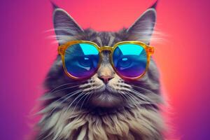 Portrait of a beautiful Maine coon cat wearing sunglasses on a pink background. photo