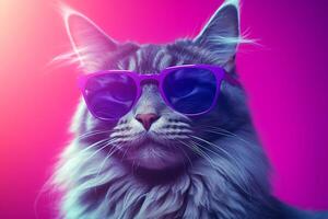 Portrait of a beautiful Maine coon cat wearing sunglasses on a pink background. photo