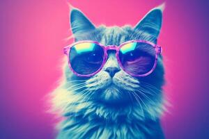 Portrait of a beautiful Maine coon cat wearing sunglasses on a pink background. photo