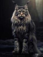 retrato de un de pelo largo Maine mapache gato en oscuro antecedentes. generativo ai foto