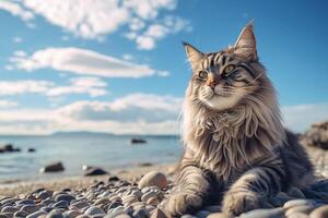 Maine Coon cat lying on the beach with blue sky background. photo