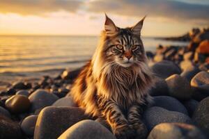 Beautiful Maine Coon cat on the seashore at sunset. photo