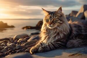 Beautiful Maine Coon cat on the seashore at sunset. photo