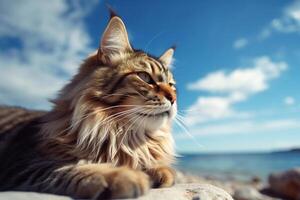 Maine Coon cat lying on the beach with blue sky background. photo