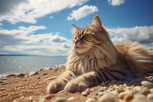 Maine mapache gato acostado en el playa con azul cielo antecedentes. generativo ai foto