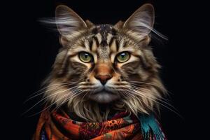 Portrait of Maine Coon cat wearing red scarf on black background. photo