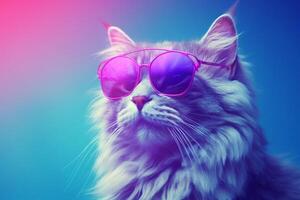 Portrait of a beautiful Maine coon cat wearing sunglasses on a pink background. photo