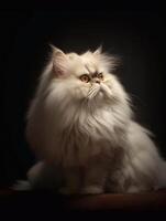 blanco persa gato en un oscuro fondo, de cerca. generativo ai foto