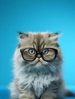 Beautiful Persian kitten wearing eyeglasses on blue background. photo
