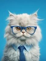 Beautiful Persian kitten wearing eyeglasses on blue background. photo