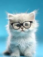 hermosa persa gatito vistiendo los anteojos en azul antecedentes. generativo ai foto
