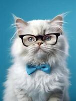 Beautiful Persian kitten wearing eyeglasses on blue background. photo