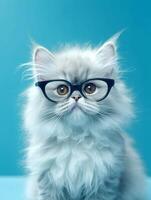 Beautiful Persian kitten wearing eyeglasses on blue background. photo