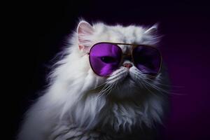 A cute Persian cat wearing purple sunglasses on blak background. photo