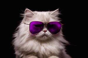 A cute Persian cat wearing purple sunglasses on blak background. photo