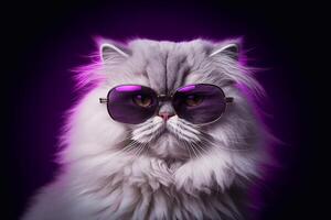 A cute Persian cat wearing purple sunglasses on blak background. photo