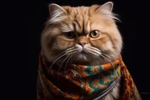 Close up portrait of Persian cat wearing scarf on black background. photo