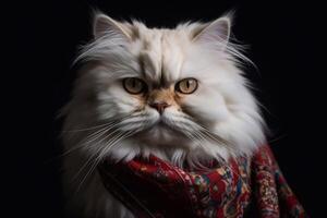 Close up portrait of Persian cat wearing scarf on black background. photo