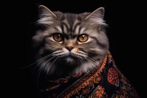 cerca arriba retrato de persa gato vistiendo bufanda en negro antecedentes. generativo ai foto