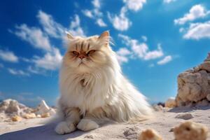 persa gato en el playa con azul cielo y blanco nubes generativo ai foto