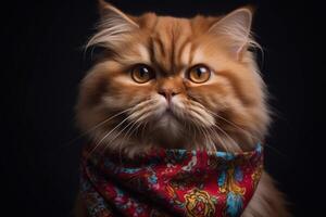 Close up portrait of Persian cat wearing scarf on black background. photo