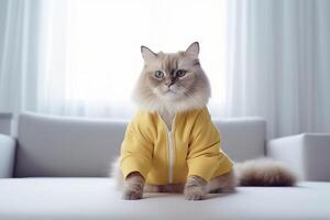 Persian cat in yellow jacket sitting on the floor in the room. photo