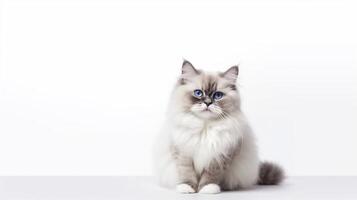 Cutten Ragdoll kitten sitting on table on white background. With copy space for text. photo