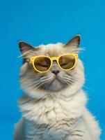 retrato de un gato vistiendo amarillo Gafas de sol en un azul antecedentes. foto