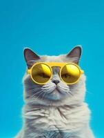 retrato de un gato vistiendo amarillo Gafas de sol en un azul antecedentes. foto