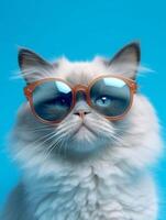 Beautiful Ragdoll cat wearing brown glasses on blue backgroun. photo