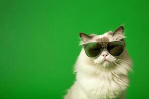 Beautiful ragdoll cat wearing green sunglasses on green background . photo