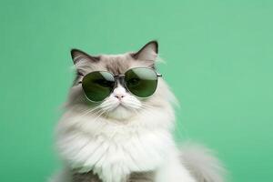 Beautiful ragdoll cat wearing green sunglasses on green background . photo