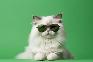 Beautiful ragdoll cat wearing green sunglasses on green background . photo