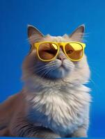 Ragdoll cat wearing yellow sunglasses on blue background. photo