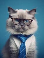 A cute Ragdoll cat wearing glasses on blue background. photo