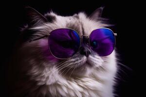 ragdoll cat wearing purple glasses on black background. generative ia photo