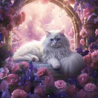 White cat with pink flowers. Vintage background. photo