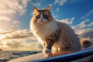 beautiful ragdoll cat relaxing on the beach enjoying the sea view. photo