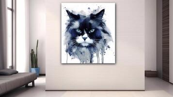 Ragdoll cat on a white background with blue watercolor splashes. photo