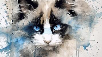muñeca de trapo gato en un blanco antecedentes con azul acuarela salpicaduras generativo ai foto