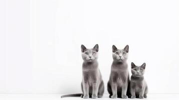 Tres gris británico cabello corto gatos en pie en blanco antecedentes. generativo ai foto