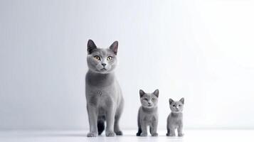 Tres gris británico cabello corto gatos en pie en blanco antecedentes. generativo ai foto