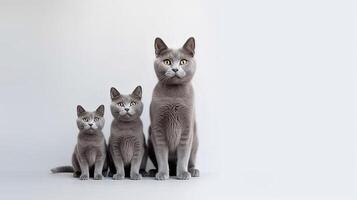 Tres gris británico cabello corto gatos en pie en blanco antecedentes. generativo ai foto