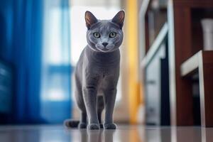 hermosa británico cabello corto gato en pie en piso a hogar foto