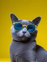 Russian blue cat wearing glasses. photo