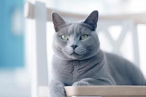 Portrait of a blue cat sitting on a chair. Blue background. photo