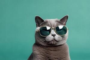 Russian blue cat wearing glasses. photo